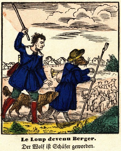 Favole di La Fontaine: il lupo diventato pastore. Immagine di Epinal, prima metà del XIX secolo da French School