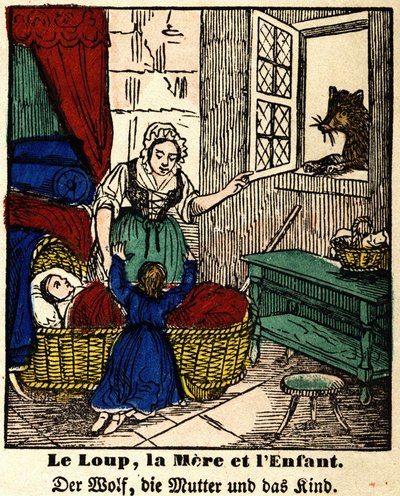 Favole di La Fontaine: il lupo, la madre e il bambino. Immagine di Epinal, prima metà del XIX secolo da French School