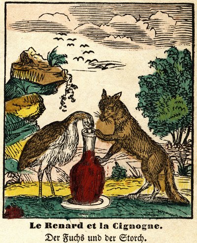 Favole di La Fontaine: la volpe e la cicogna. Immagine di Epinal, prima metà del XIX secolo da French School
