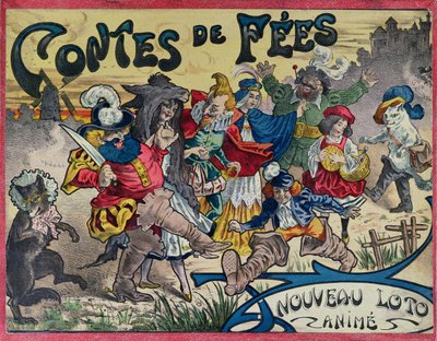 Personaggi delle fiabe dipinti sul coperchio di una scatola di lotto da French School