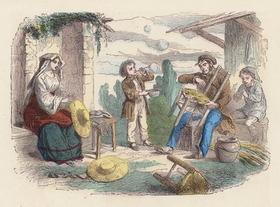 Famiglia che lavora con la paglia da French School