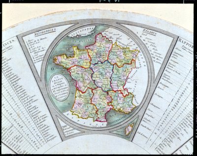 Ventaglio raffigurante la mappa della Francia divisa in 9 regioni, 10 metropoli e 83 dipartimenti, 1790 da French School