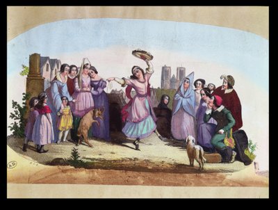 Disegno di ventaglio che raffigura una scena da La Esmeralda, un