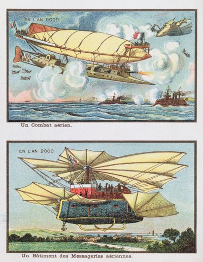 Rappresentazioni fantastiche di una battaglia aerea e di un aereo per il trasporto merci nell