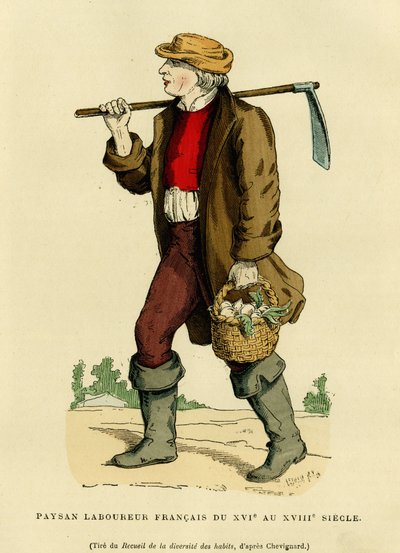 Abito da contadino dal XVII al XVIII secolo. Incisione a colori da un disegno di Chevignard, in "France et les français à travers les siècles" di Augustin Challamel, editore F. Roy, Parigi 1882. Collezione Selva. da French School