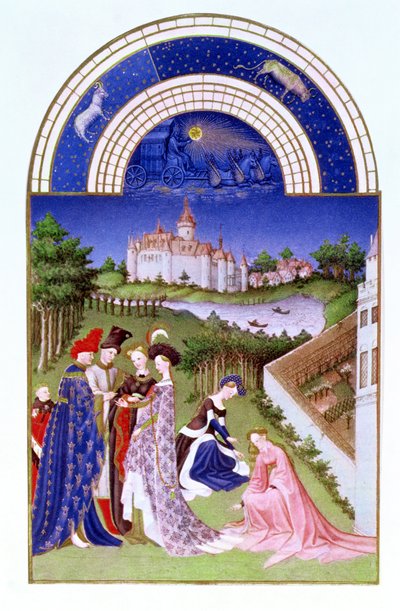 Facsimile di aprile: figure cortesi nei giardini del castello dei fratelli Limbourg, dal Très Riches Heures du Duc de Berry da French School