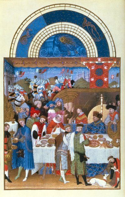 Facsimile di gennaio: scena di banchetto dei fratelli Limbourg, dal Très Riches Heures du Duc de Berry da French School