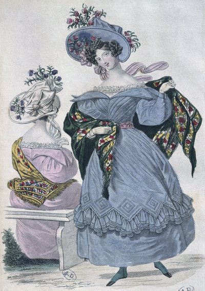 Tavola di moda, Parigi, illustrazione da Le Petit Courrier des Dames, 1830 (incisione a colori) da French School