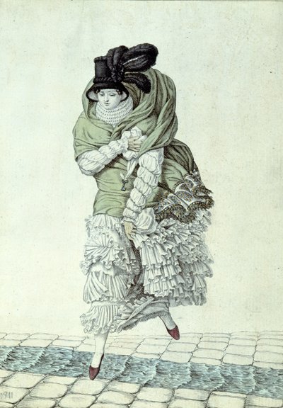 Tavola di moda raffigurante una signora che attraversa un ruscello di fogna, 1811 da French School