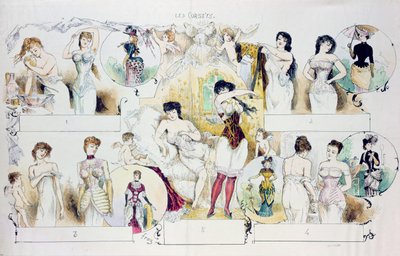 Tavola di moda per La Vie Parisienne raffigurante corsetti, c.1870 da French School