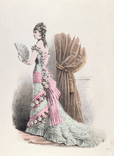 Tavola di moda di una donna in abito da sera con ventaglio, 1877 (incisione a colori) da French School