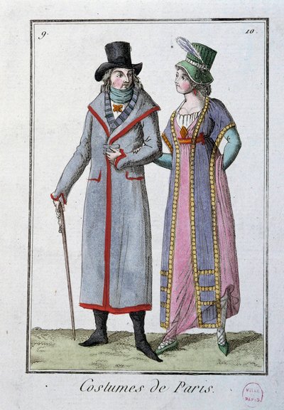 Moda sotto il Direttorio: una coppia di eleganti parigini. Litografia anonima del 1795. Parigi, museo del costume da French School