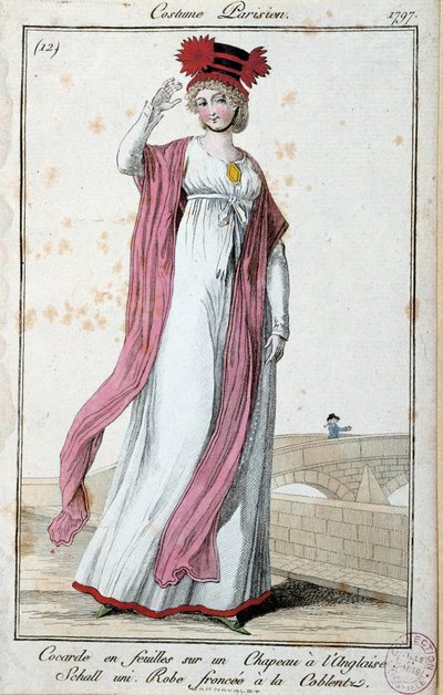 Moda sotto il Direttorio: giovane donna elegante con abito parigino: coccarda in fogli sul cappello inglese, vestito arricciato con coblentz da French School