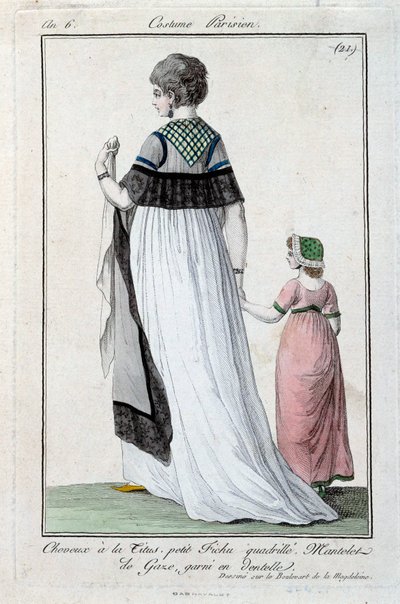 Moda sotto il Direttorio: giovane donna parigina elegante che indossa il Titus, mantello di garza con pizzo. 1797. Parigi, museo del costume da French School