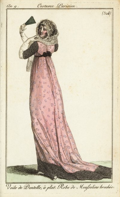 Donna alla moda con velo di pizzo, abito in mussola damascata da French School