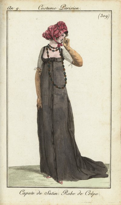 Donna alla moda con cappello di raso e vestito di crepe da French School