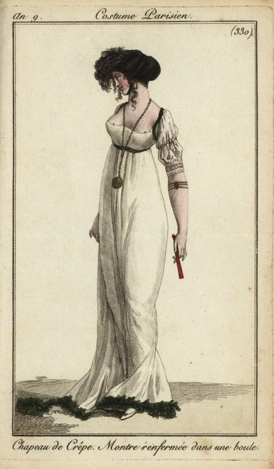 Donna alla moda o Merveilleuse con cappello di crepe da French School