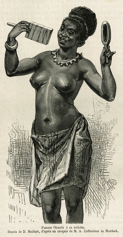 Donna Okanda si fa la toilette, disegno di D.Maillard, per illustrare la storia di un viaggio in Gabon e sul fiume Ogoue, nel 1875-1877, di Alfred Marche. Incisione in Le tour du monde da French School