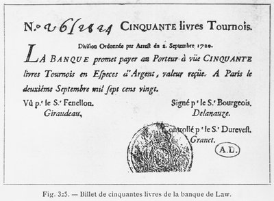 Banconota francese da cinquanta sterline della Banca di Law, datata 2 settembre 1720 da French School