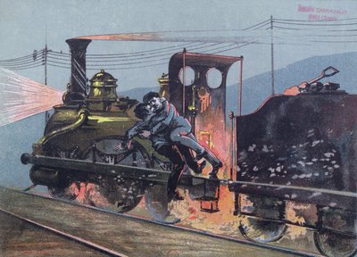 Lotta tra Jacques Lantier (1840-70) e Pecqueux sul treno, Le Lison, scena da La Bestia Umana di Emile Zola (1840-1902) da French School