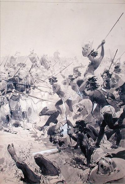 Combattimento tra Zulu e soldati inglesi, c.1878 da French School
