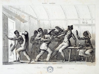 Combattimento in una taverna nelle Indie Occidentali, una giovane donna bianca viene rapita da rapinatori. Incisione del XIX secolo. Chartres, Museo delle Belle Arti da French School