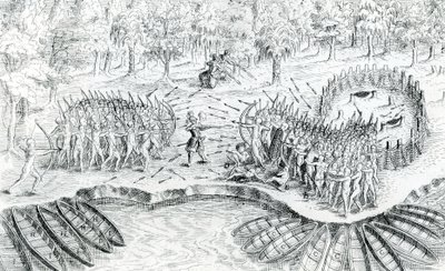 Combattimento degli Uroni, da Voyage de Champlain nel 1624 di Samuel de Champlain, 1567-1635 da French School