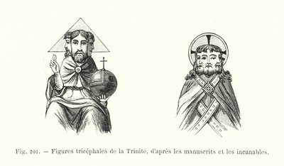 Figure tricefale della Trinità, dai manoscritti e dagli incunaboli (incisione) da French School