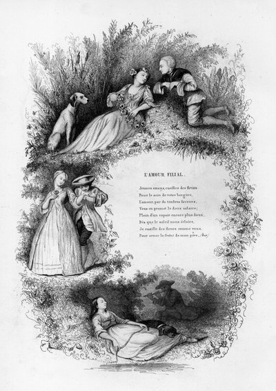 Amore filiale. Un giovane seduce tre giovani donne in campagna. Incisione in "Chants et chansons populaire de la France", Tome 2 da French School