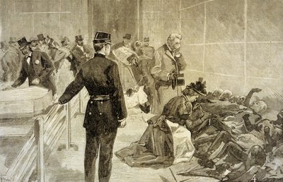 Incendio al Bazar de la Charité a Parigi il 4 maggio 1897: dopo la catastrofe, famiglie che identificano le vittime al Palais de l
