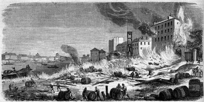 Incendio dei magazzini di vino di Bercy il 5 agosto 1860. Incisione in "Le Monde Illustré" n°174 dell