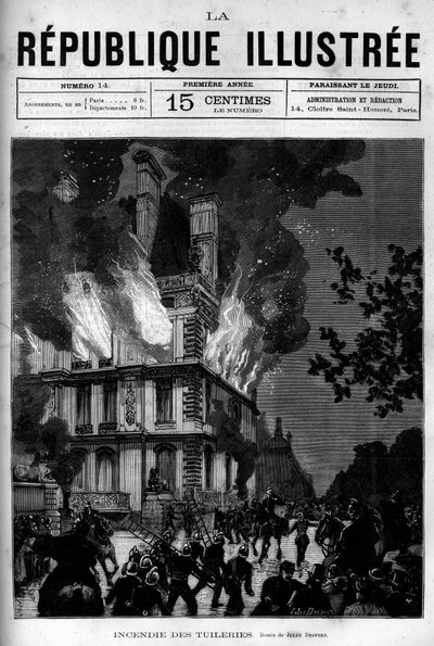 Incendio del Padiglione Flore alle Tuileries a Parigi. Un giornale. Incisione del 1880 in "La republique illustree" collezione privata. da French School
