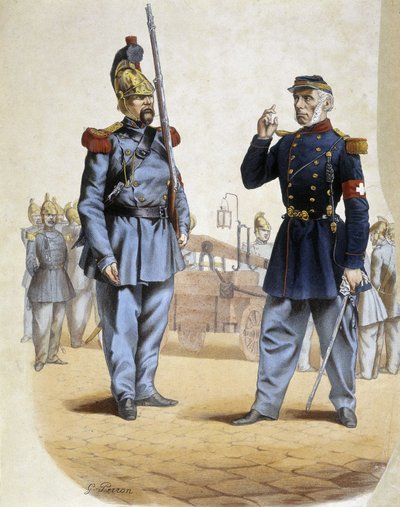 Vigili del fuoco nel 1860 - disegno di Perron, Arti Deco da French School