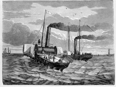 Primo tentativo di installazione di un conduttore elettrico da Dover a Calais (1851) - in "Album della Scienza; illustri scienziati; Grandi scoperte" 1896 da French School
