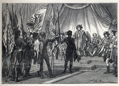 Prima coalizione: Joachim Murat (1767-1815) presenta al Direttorio Esecutivo le bandiere conquistate dall