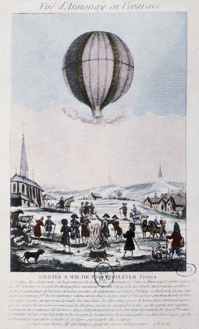 Primo volo ad Annonay dei fratelli Montgolfier nel 1783 da French School