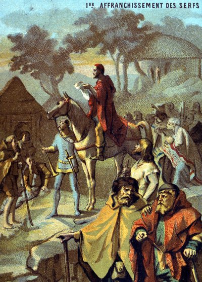 Prima liberazione dei servi della gleba (1315) da parte di Luigi X. Cromolitografia della serie "Insegnamento patriottico attraverso l