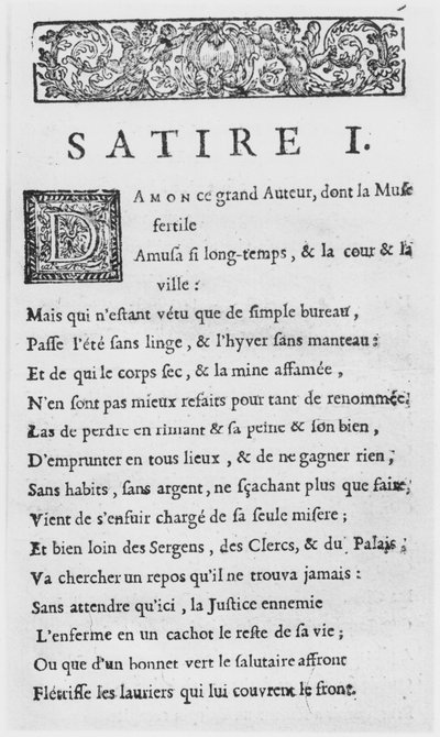 Prima pagina delle Satire di Nicolas Boileau, noto come Boileau-Despreaux, pubblicata nel 1685 da French School