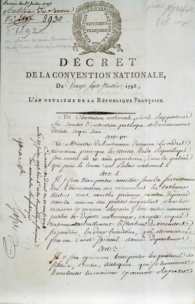 Prima pagina del decreto della Convenzione Nazionale del 27/07/1793 che istituisce il Palais du Louvre come museo da French School