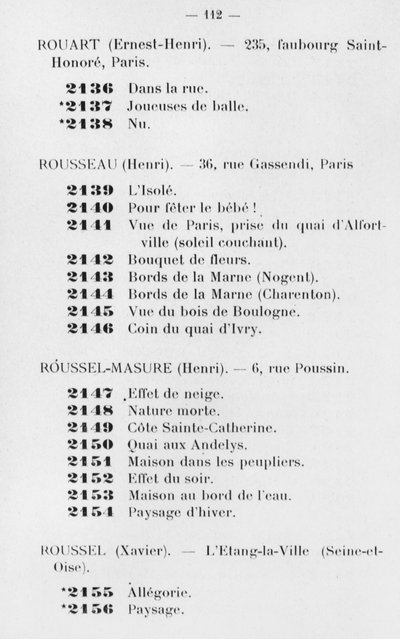 Prima partecipazione di Le Douanier Rousseau al Salon des Independants, catalogo, pagina 112, Parigi, 1905 da French School