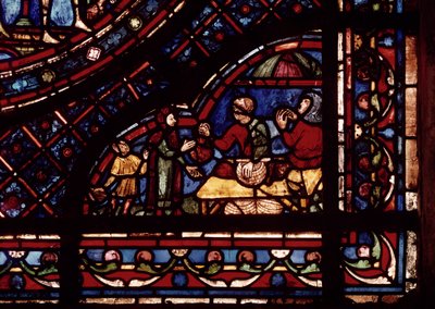 Mercanti di pesce, dettaglio da una finestra che raffigura Scene della vita di Sant