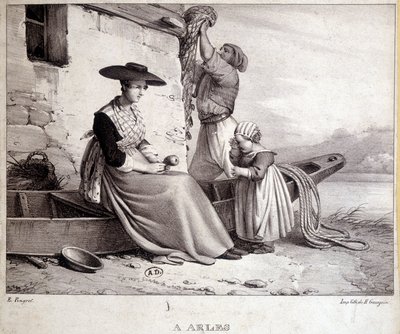 Pescatore, sua moglie in costume regionale e il loro bambino ad Arles da French School