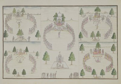 Cinque culti indù: Shiva, Krishna, Vishnu, Brahma e Madre Dea da The Gentil Album, pubblicato nel 1774 da French School
