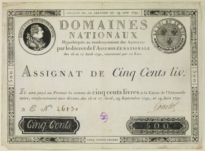 Banconota da cinquecento lire, 19 giugno 1791 da French School
