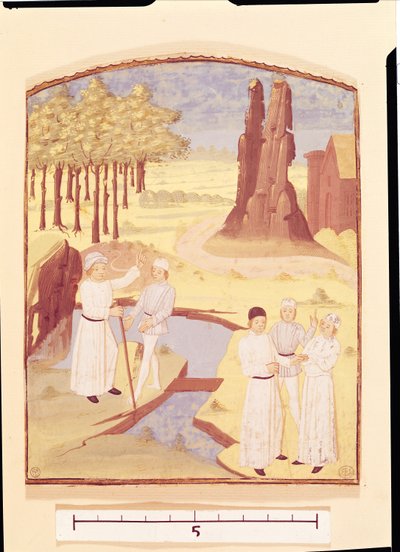 Cinque persone che discutono di progettazione di giardini, da Livre des Prouffitz Champestres di Pietro de Crescenzi da French School