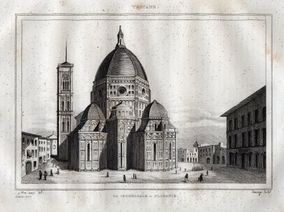 Cattedrale di Firenze - Veduta della Cattedrale di Firenze (Duomo Santa Maria del Fiore). La cupola fu realizzata da Filippo Brunelleschi intorno al 1420-1436, Firenze, Italia - Incisione da 