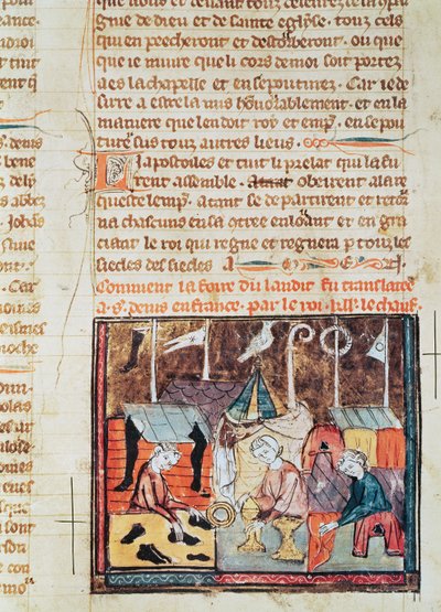 Fol.122v Mercanti alla fiera di Lendit vicino a St. Denis, da le Grandes Chroniques de France, 1375-79 da French School