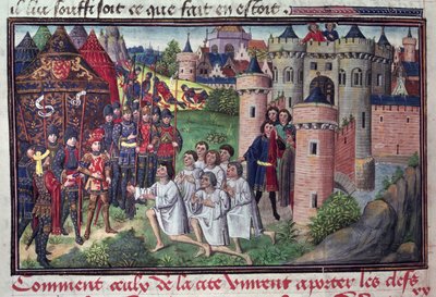 Fol.286v Come gli abitanti di Babilonia consegnarono le chiavi della città ad Alessandro Magno (356-323 a.C.) dal manoscritto di Jean Vauquelin, dalla Histoire du Grand Alexandre, 1460 da French School