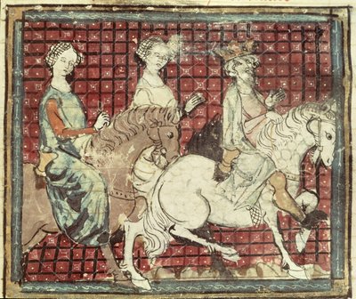 Fol.31r Chilperico I (543-97) e Fredegonda a cavallo, dalle Grandes Chroniques de France, 1375-79 da French School