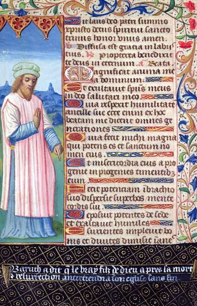 Fol.36v Testo del Magnificat con un ritratto di Baruch, da Heures a lUsage de Rome da French School
